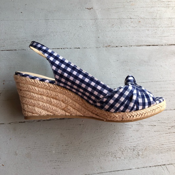 Blue Gingham Checkered Wedge Espadrilles - Picture 7 of 11